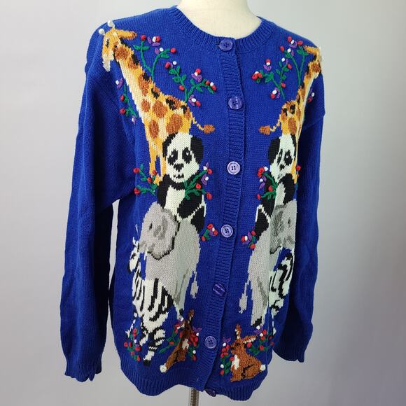 Susan Bristol Blue Red Green Noah's Arc Animals Knit Cardigan Sweater M - Picture 1 of 4